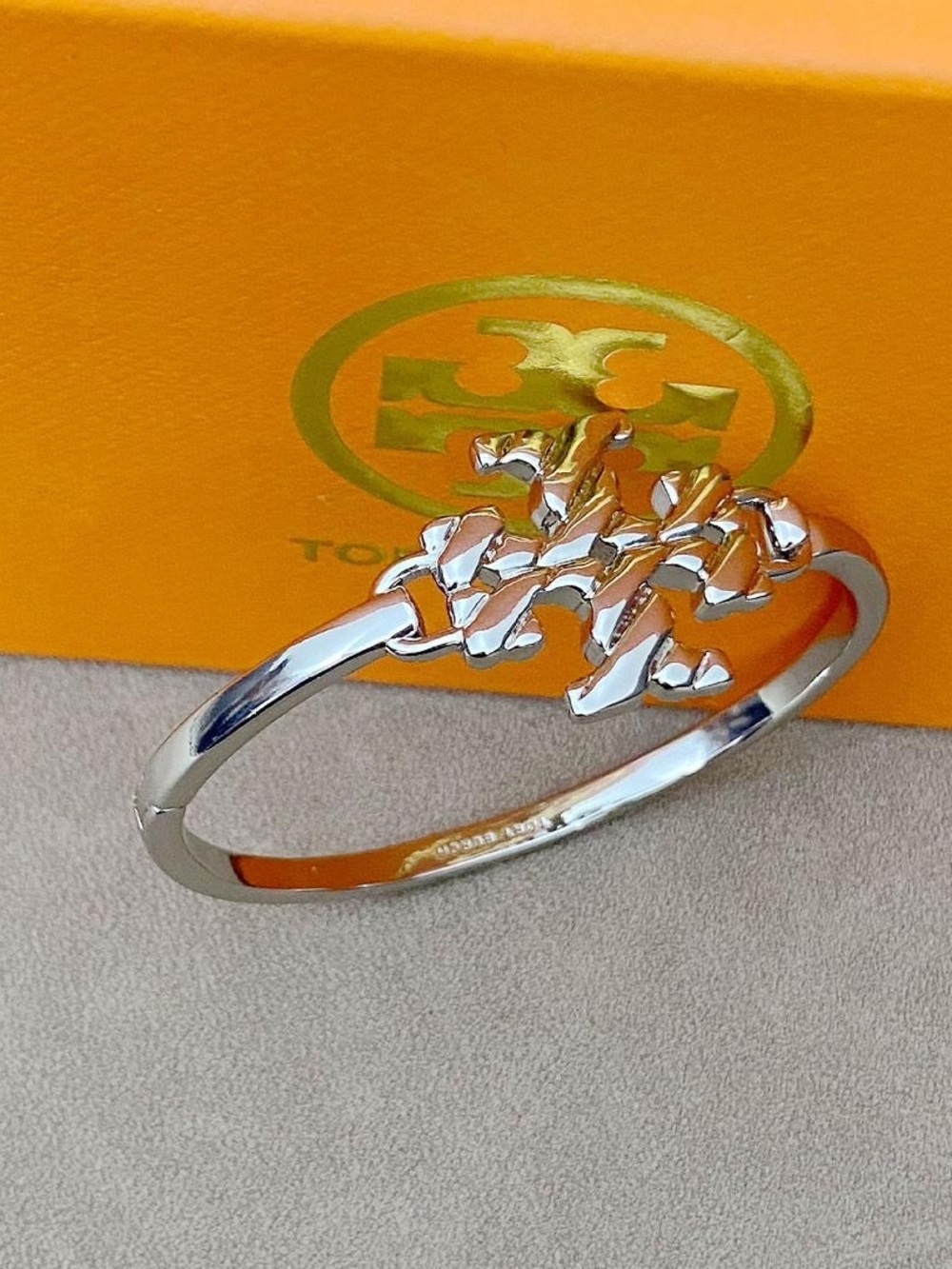 Tory Burch Silver Logo Hinged Bangle Bracelet